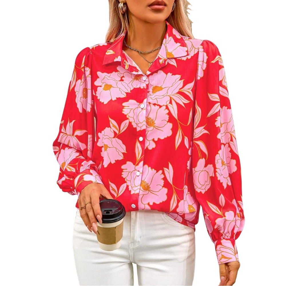KIRUNDO fashion boho print  size L NWT Red Floral Button-Up Blouse..